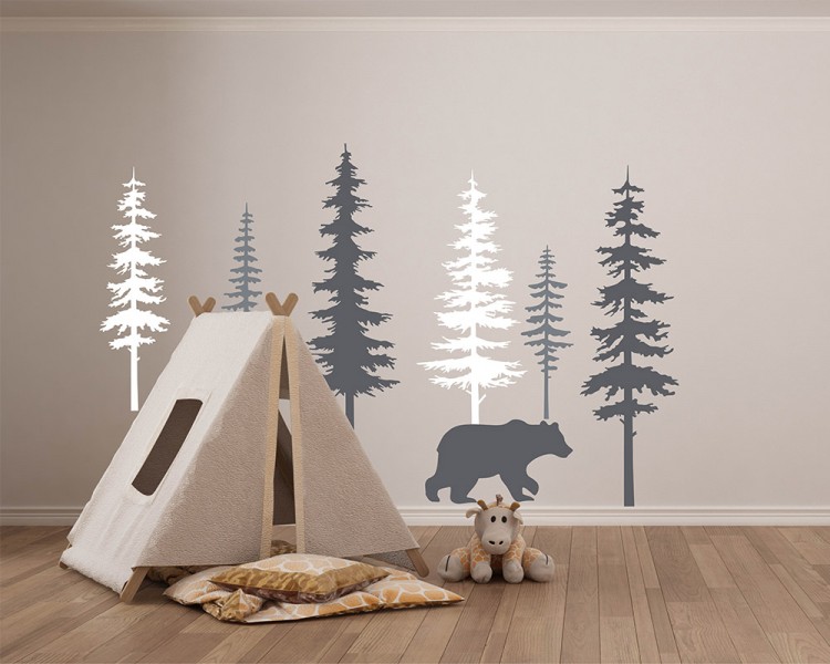 Pine Tree Wall Decals With Bear